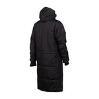 Back view of a black Arena unisex long puffer parka jacket with a hood.