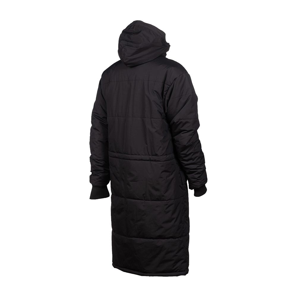 Back view of a black Arena unisex long puffer parka jacket with a hood.