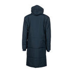 Back view of a navy blue Arena unisex team parka jacket with a hood.