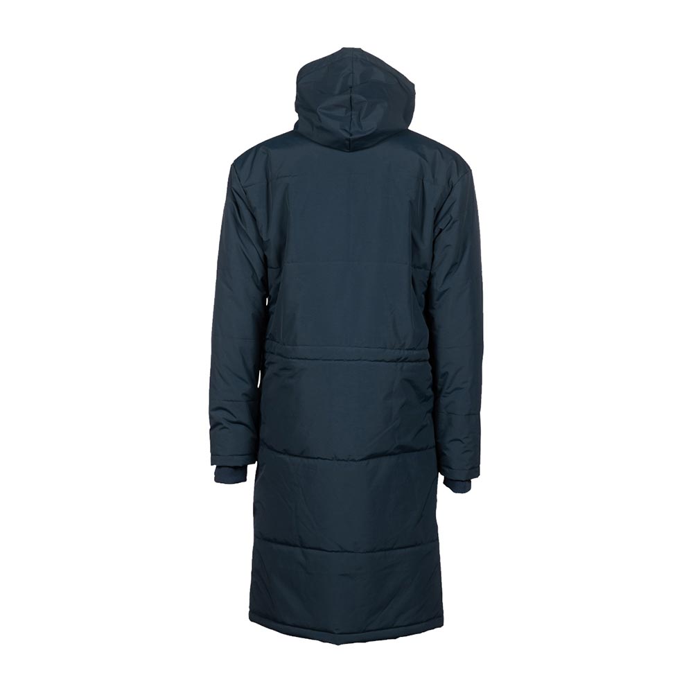 Back view of a navy blue Arena unisex team parka jacket with a hood.