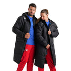 Unisex black parka jacket with hood, pockets and zippers in front