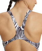 Close up of the backstraps on a black and white printed womens swimsuit.