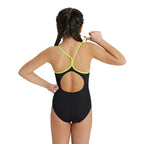 Back view of the arena girls crazy lightdrop back swimsuit with green straps.