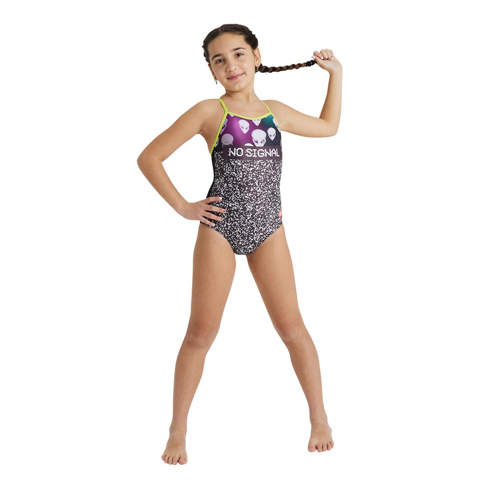 Girl wearing the arena girls swimsuit with alien pattern.