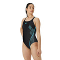 Front view of a woman wearing a black arena swimsuit with cyan detailing.