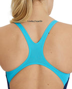 Back view of arena swimsuit showing cyan back straps.