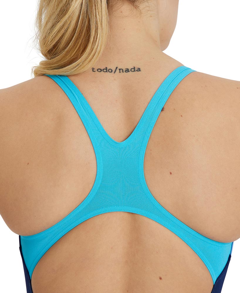 Back view of arena swimsuit showing cyan back straps.