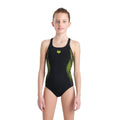 Front view of a girl wearing the arena girls graphic swimsuit in black with yellow pattern.