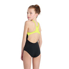 Back view of a girl wearing the arena girls graphic swimsuit in black with yellow straps.