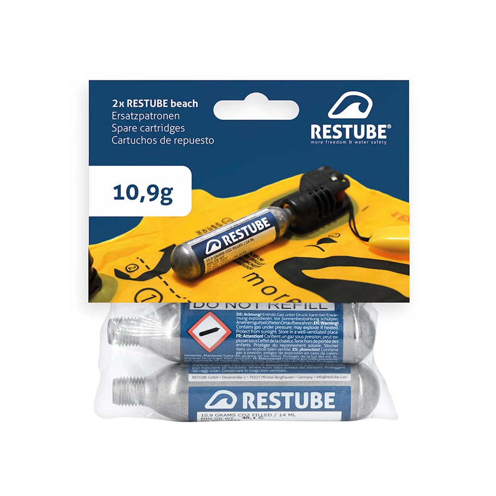Spare Restube 10.9g CO2 Cartridges for recharging their water safety products.