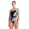 Arena Women's Diamonds One Piece Swimsuit: Black swimsuit with geometric white and aqua accents