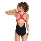 A girl wearing a black and pink arena swimsuit.
