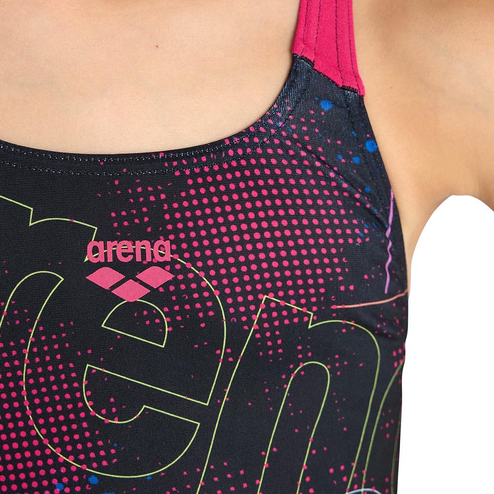 Close up of the from view of the arena girls galactic swimsuit with arena logo printed in pink.