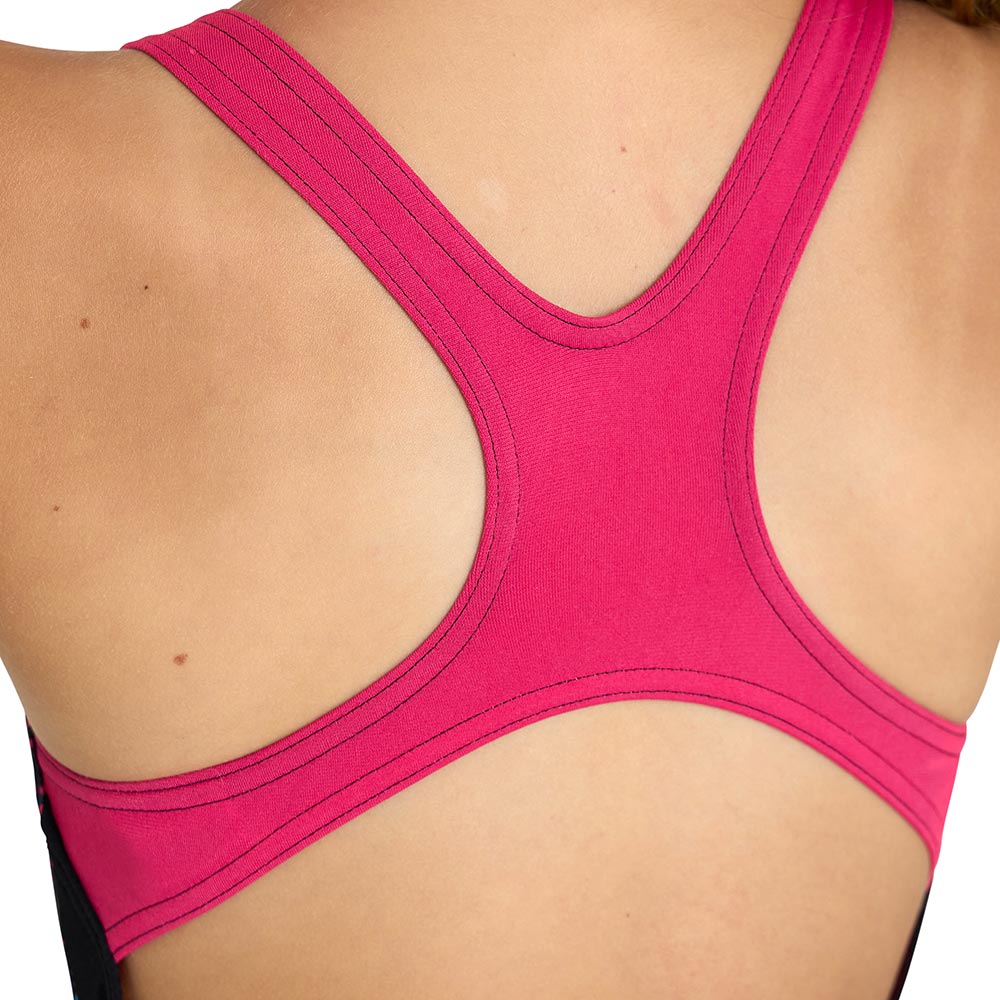Close up of pink back straps on the arena girls galactic swimsuit.