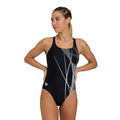 Arena Women's Branch One Piece Swimsuit in black with white geometric line design
