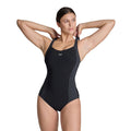 Arena Women's Bodylift Laura B-Cup black swimsuit with patterned side panels and cross-back straps