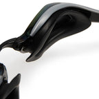 Arena Cobra Edge Swipe Mirror Goggles: Close-up of black silicone nose bridge and silver frame detail