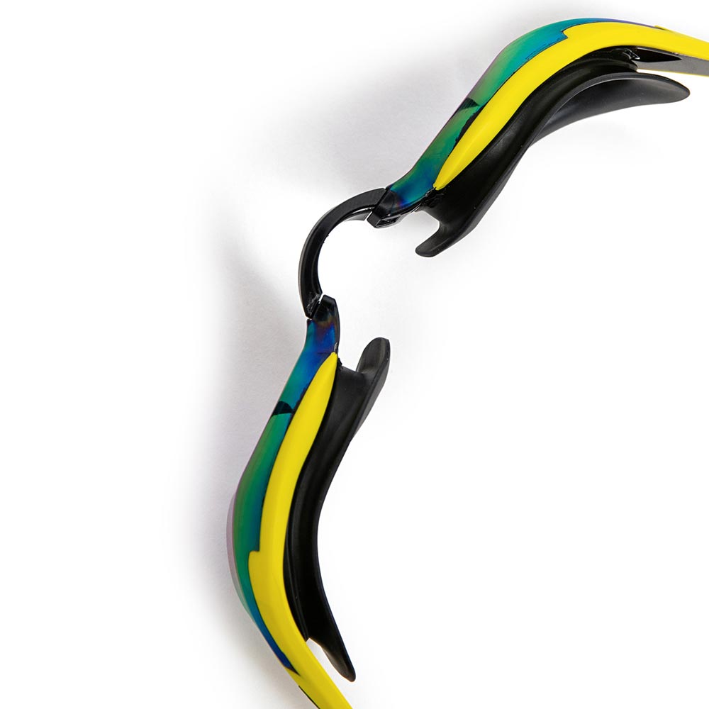 Arena Cobra Edge Swipe Mirror Swim Goggles: Close-up of the goggle strap connection with iridescent detailing