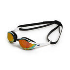 Arena Cobra Edge Swipe Mirror swim goggles in white with orange mirrored lenses and adjustable strap