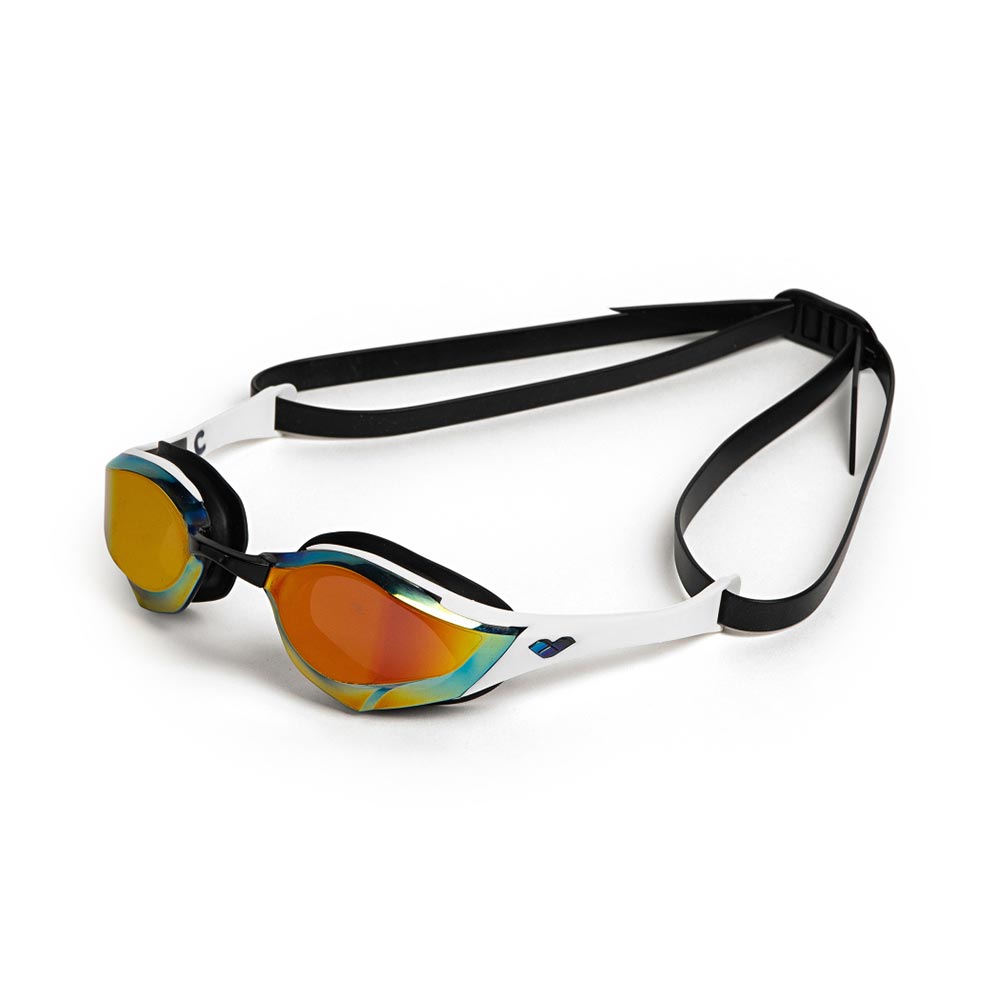 Arena Cobra Edge Swipe Mirror swim goggles in white with orange mirrored lenses and adjustable strap