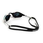 Arena Cobra Edge Swipe Mirror Goggles: White and black racing swim goggles with blue tinted lenses and adjustable strap