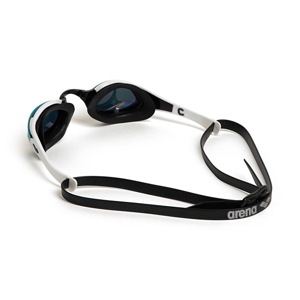 Arena Cobra Edge Swipe Mirror Goggles: White and black racing swim goggles with blue tinted lenses and adjustable strap