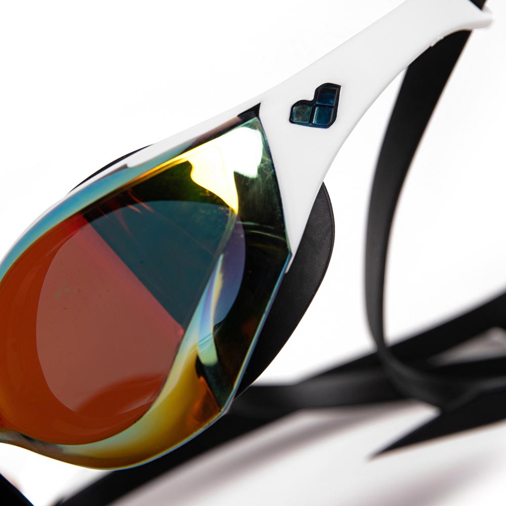 Arena Cobra Edge Swipe Mirror swim goggles with a white frame and mirrored, iridescent lenses