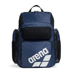 Arena One Go Swim Backpack 45L in navy with multiple compartments and mesh pocket for easy storage