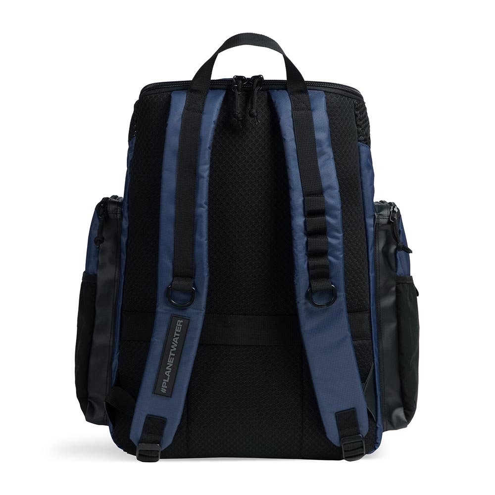 Arena One Go Swim Backpack 45L in navy and black with padded straps and multiple compartments for organization