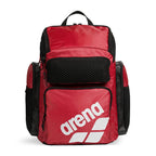 Arena One Go Swim Backpack 45L in red with multiple compartments and mesh front pocket