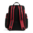 Arena One Go Swim Backpack 45L in black and red with padded straps and multiple compartments for gear storage