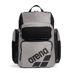 Arena One Go Swim Backpack 45L in black with multiple compartments and mesh pockets for easy storage.