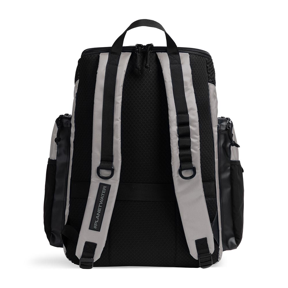 Arena One Go Swim Backpack 45L in black with multiple compartments and padded shoulder straps