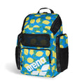 Arena One Go Printed Swim Backpack 45L: Blue backpack with yellow lemons and green leaves print, featuring mesh pockets.