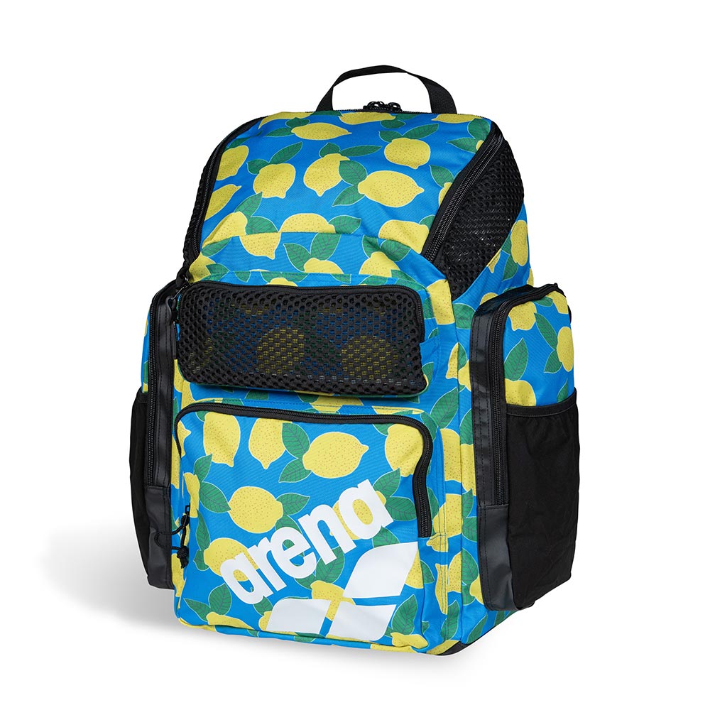 Arena One Go Printed Swim Backpack 45L: Blue backpack with yellow lemons and green leaves print, featuring mesh pockets.