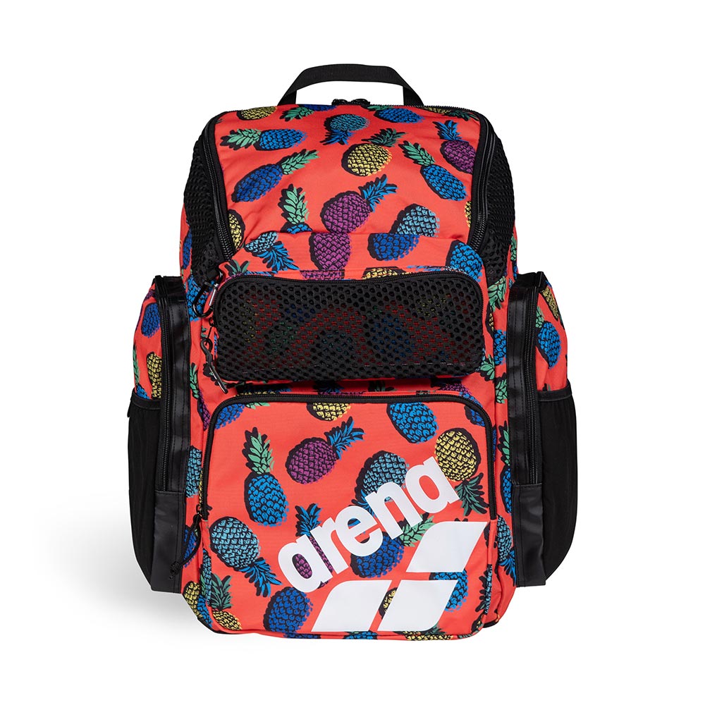 Arena One Go Printed Swim Backpack 45L: Red backpack with a vibrant pineapple print and multiple compartments.