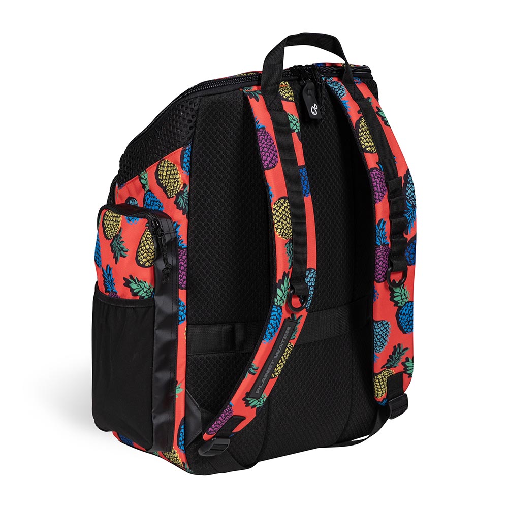 Arena One Go Printed Swim Backpack 45L: Red backpack with colourful pineapple print, mesh back panel, and side pockets