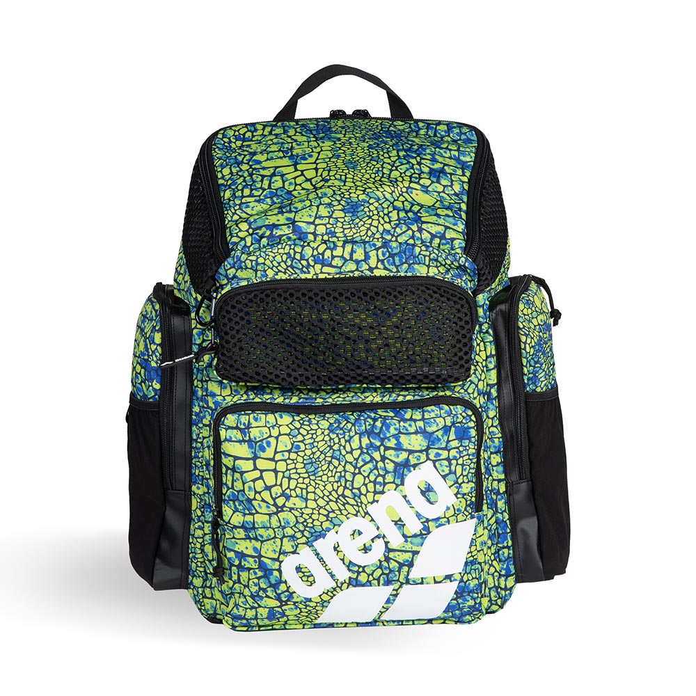 Arena One Go Printed Swim Backpack 45L: Blue and yellow patterned backpack with black mesh pockets and white Arena logo.
