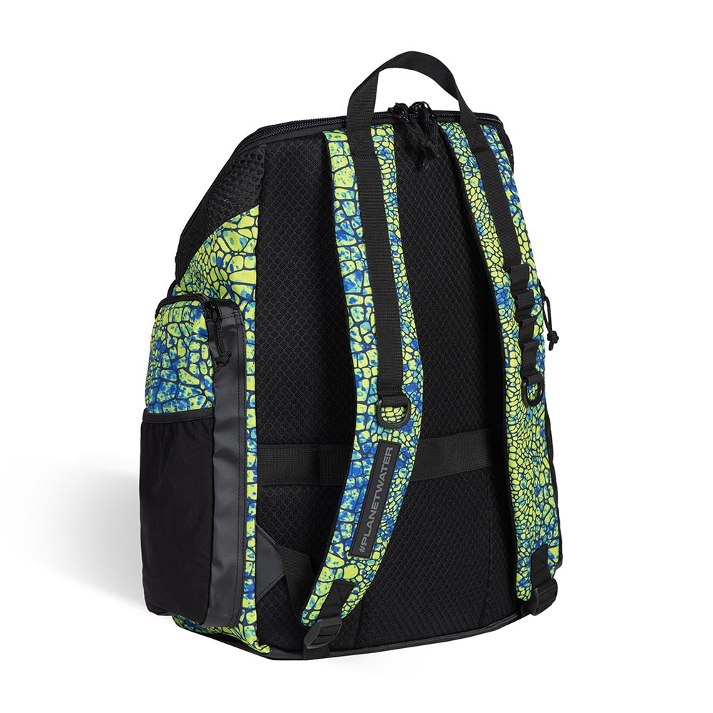 Arena One Go Printed Swim Backpack 45L in vibrant blue and lime green reptile print