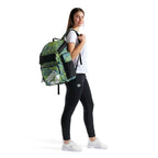 Arena One Go Printed Swim Backpack 45L in blue and green print with black accents