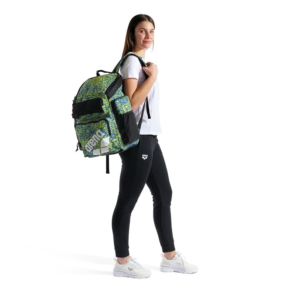 Arena One Go Printed Swim Backpack 45L in blue and green print with black accents