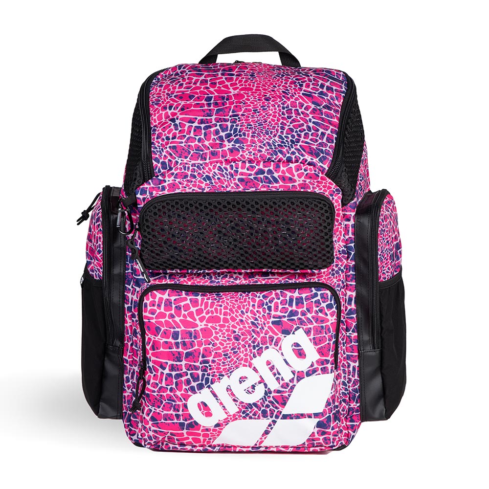 Arena One Go Printed Swim Backpack 45L in a bold pink and purple animal print design with black mesh accents and white logo.