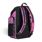 Arena One Go Printed Swim Backpack 45L in vibrant pink and purple snakeskin print