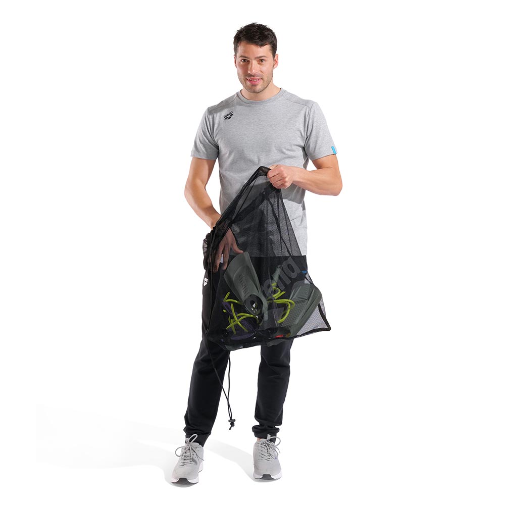 Arena One Go Mesh Swim Bag 40L in black, holding swim fins and other accessories