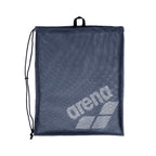 Arena One Go Mesh Swim Bag 40L: Dark blue mesh drawstring bag with Arena logo, ideal for swim gear.