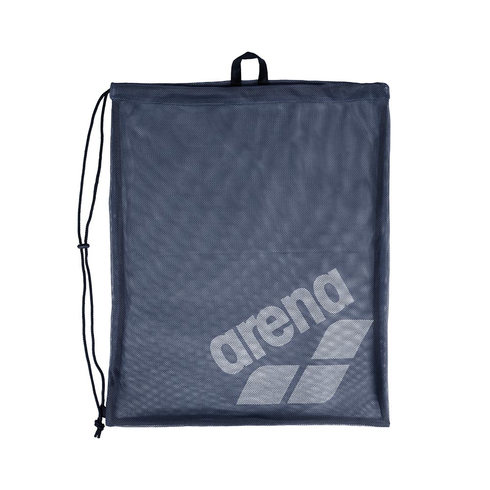 Arena One Go Mesh Swim Bag 40L: Dark blue mesh drawstring bag with Arena logo, ideal for swim gear.