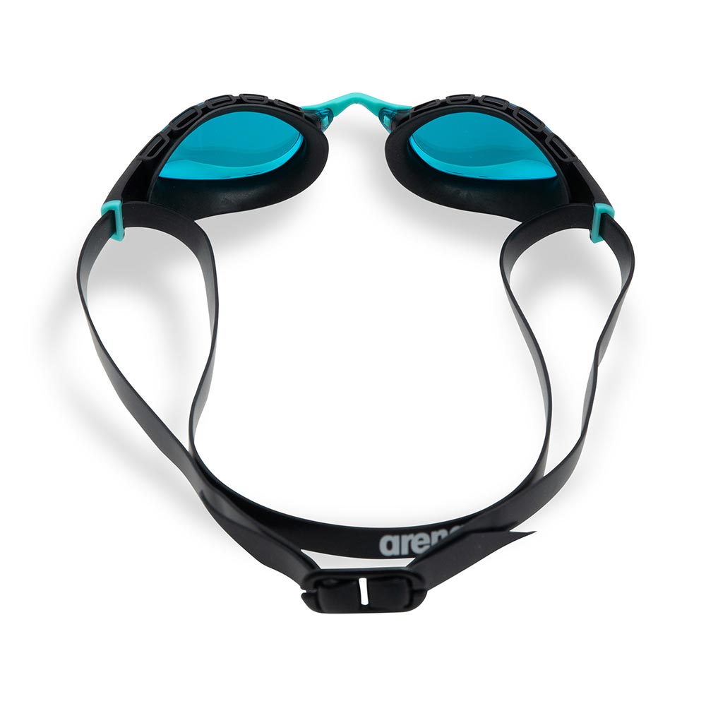 Arena Air Sonic Mirror Swim Goggles: Black and turquoise racing goggles with mirrored lenses