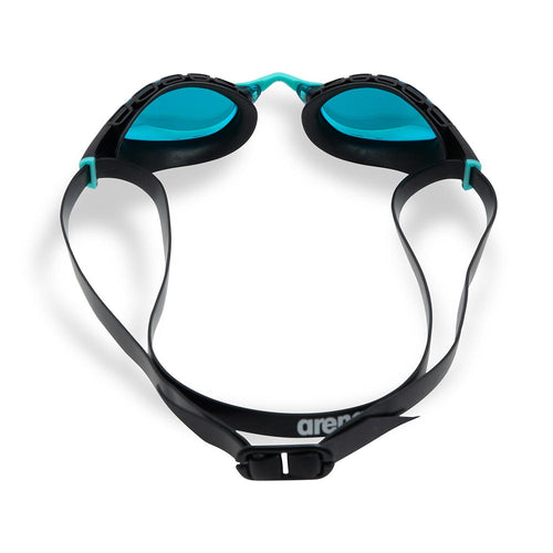 Arena Air Sonic Mirror Swim Goggles: Black and turquoise racing goggles with mirrored lenses
