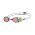 Arena Air Sonic Mirror Swim Goggles: White strap, purple nose bridge, and mirrored lenses with rainbow tint.