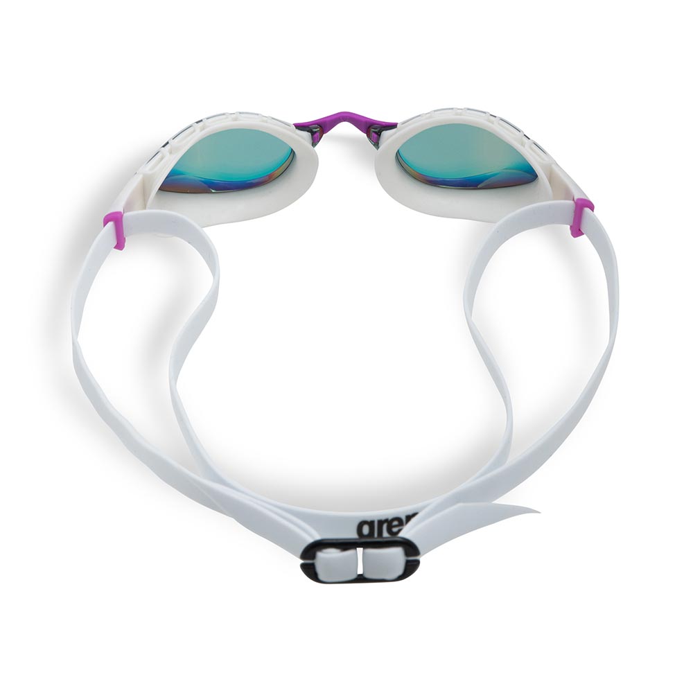 Arena Air Sonic Mirror swim goggles: white strap, purple accents, mirrored lenses